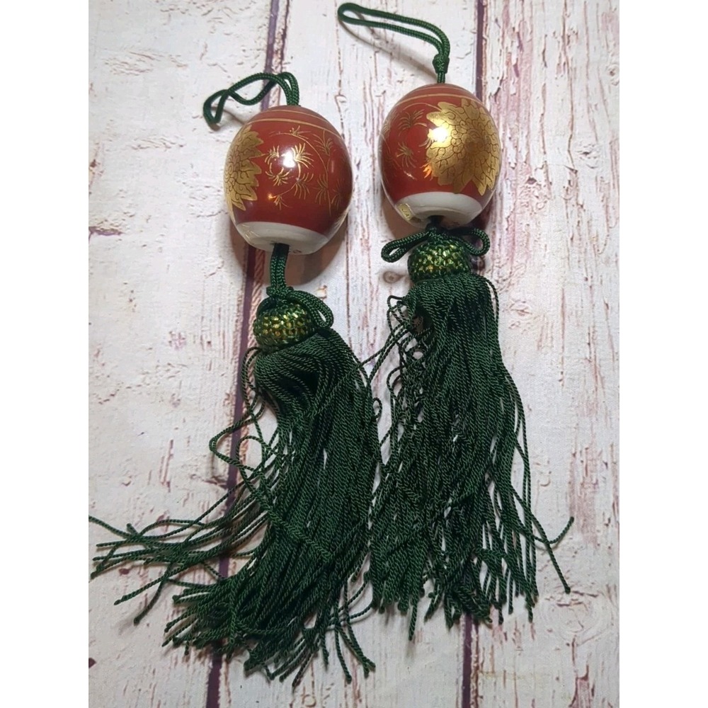 Vintage Japanese Hanging Scroll Weights 9" Red/Orange With Green Tassels
